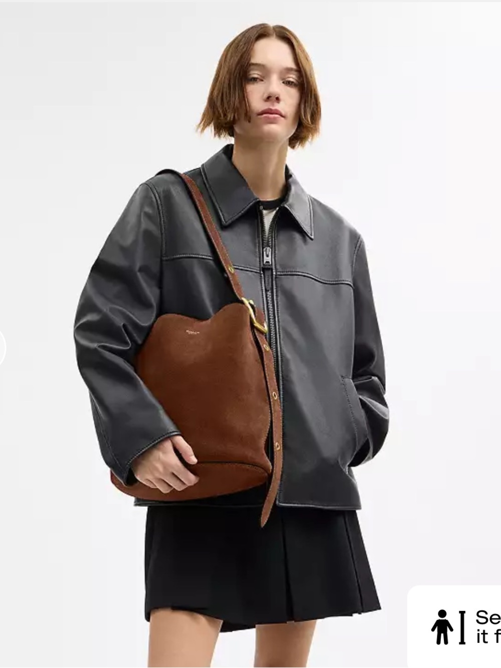 COACH Bleecker Brown Suede Bucket Bag with Bronze/Red Cherry Bag Charm